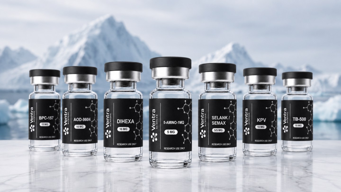 Ventra Sciences research vials, each labeled Research Use Only