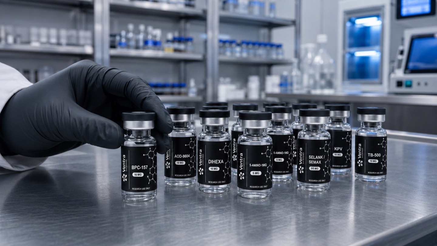 Gloved hand handling labeled Ventra Sciences research vials on a laboratory bench