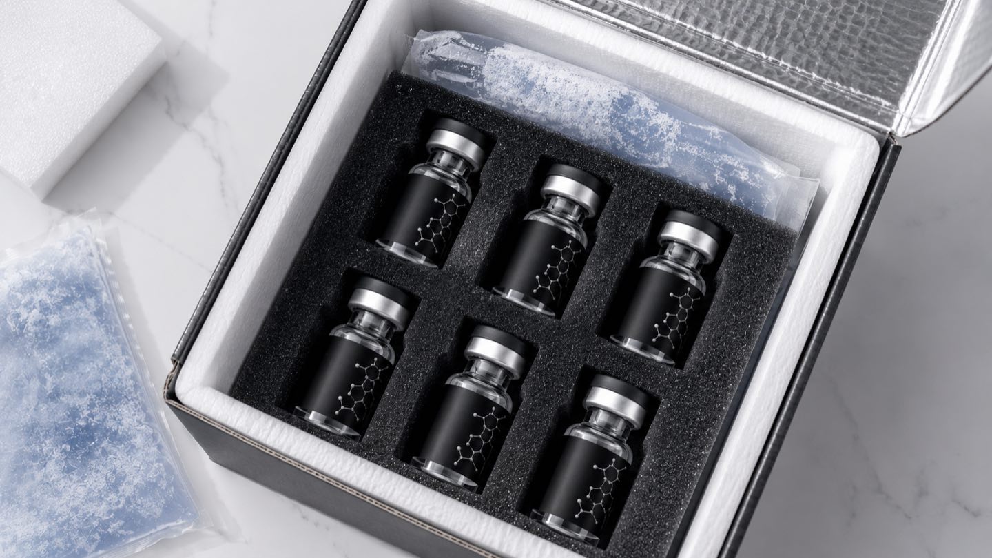 Insulated cold-chain shipping box packed with coolant and Ventra Sciences research vials